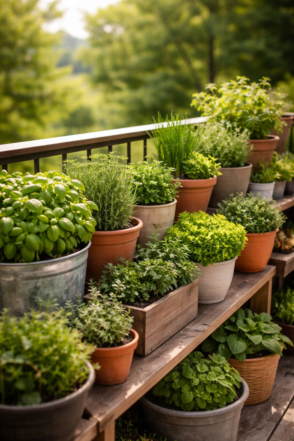 Herb containers on a sunny balcony railing.