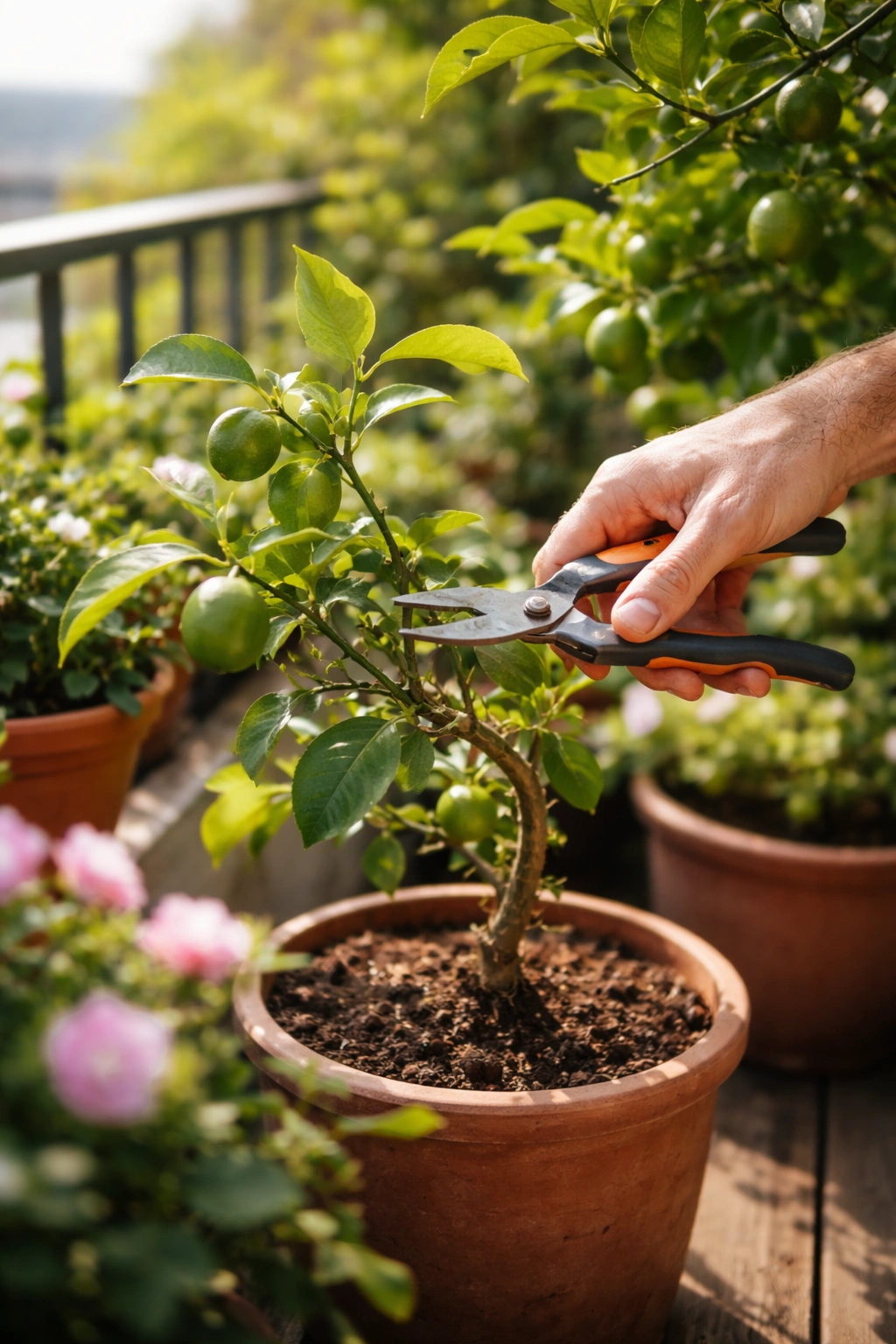 Close-up of pruning a potted fruit tree on a balcony, highlighting pruning and fruit development in a container garden