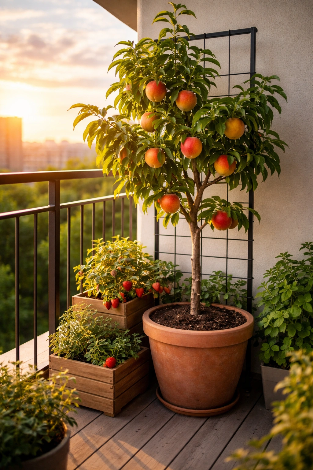 Single dwarf fruit tree on a balcony with a vertical trellis to save space