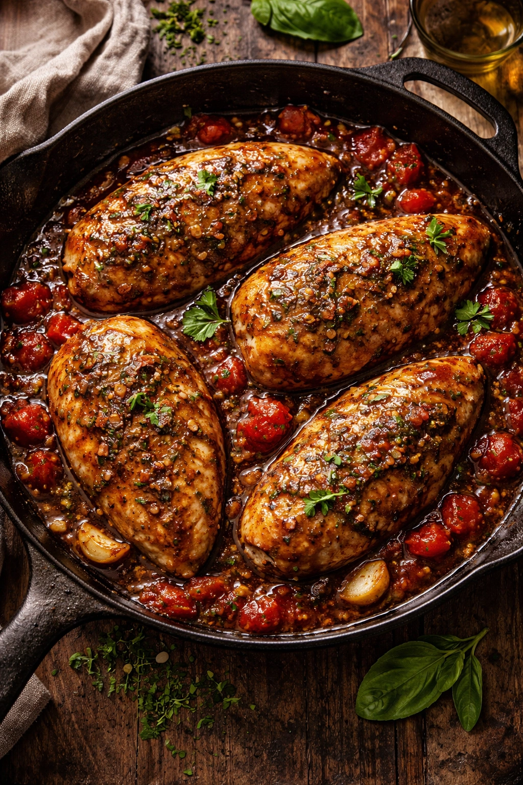 Balsamic chicken with tomatoes and Italian herbs in skillet