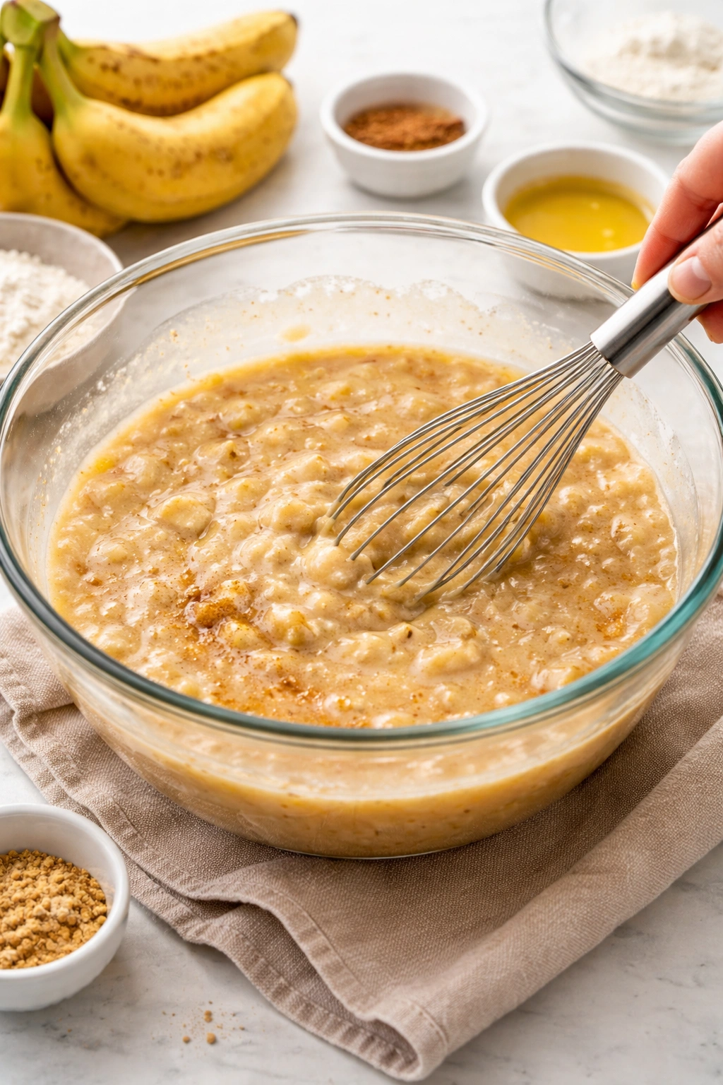 Batter being whisked in a mixing bowl with mashed banana chunks