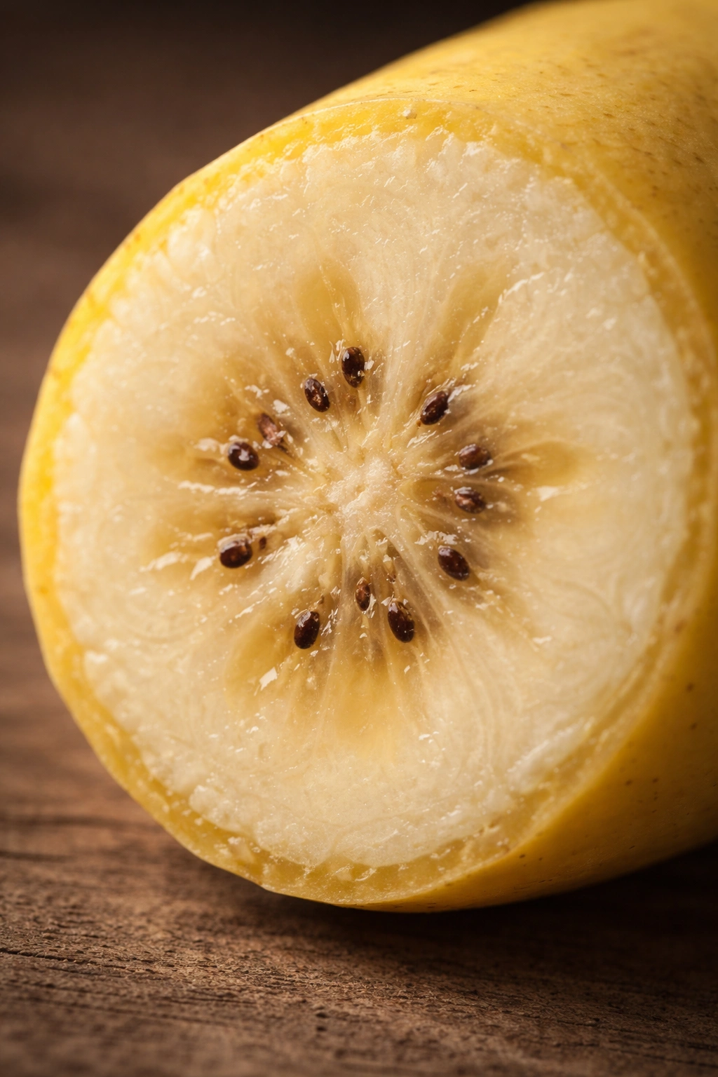 Close-up of a banana cross-section with visible seeds inside