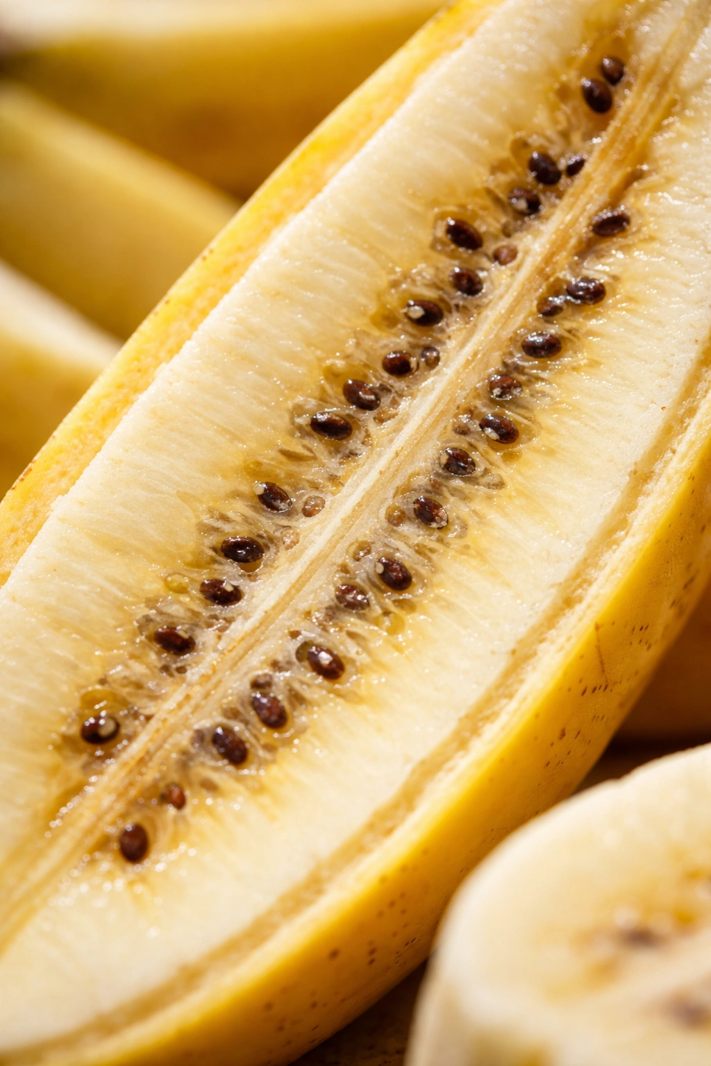 Close-up of a banana showing tiny seeds inside to illustrate the banana as a true berry