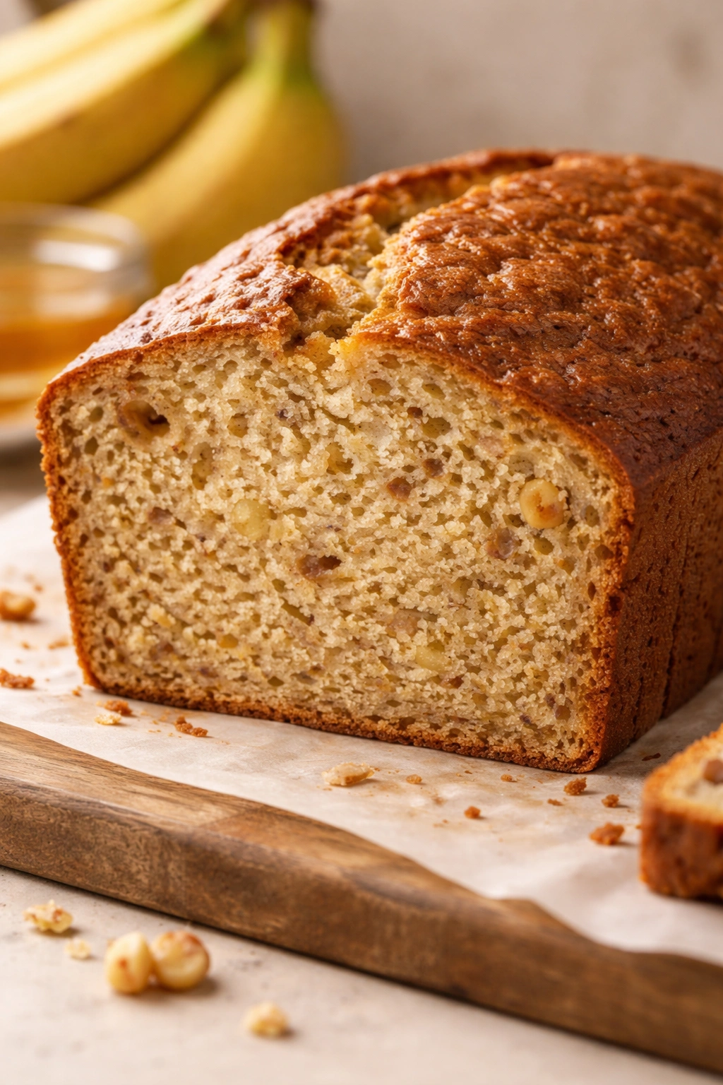 Cross-section of banana bread showing moist, tender crumb