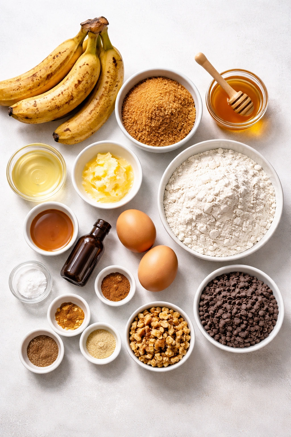 Assorted baking ingredients arranged neatly for banana bread