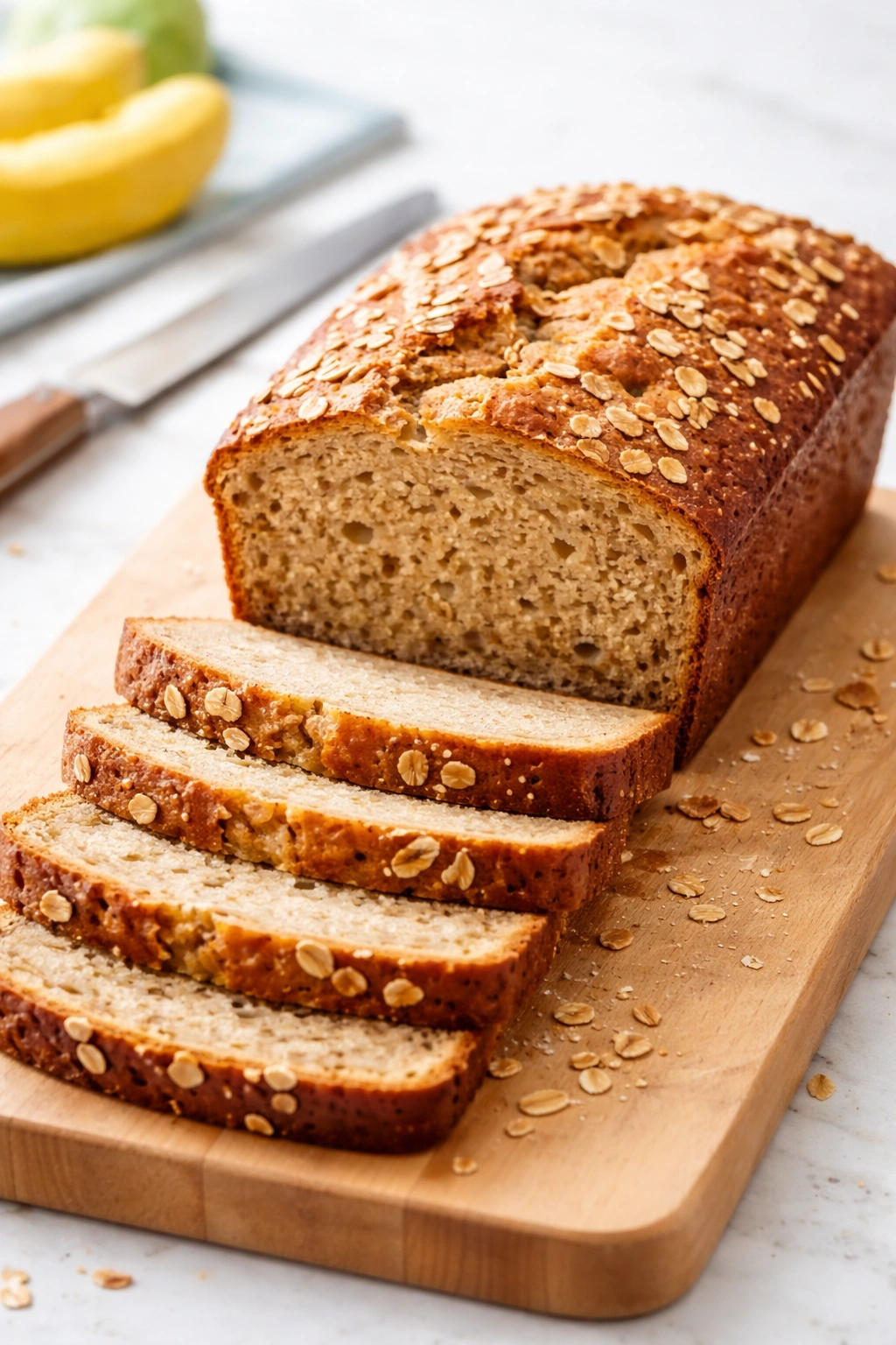 Finished banana bread loaf on a wooden board