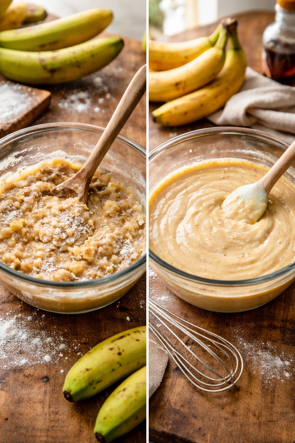 Close-up of two bowls showing clumpy vs smooth banana batter to illustrate common mistakes and proper mixing
