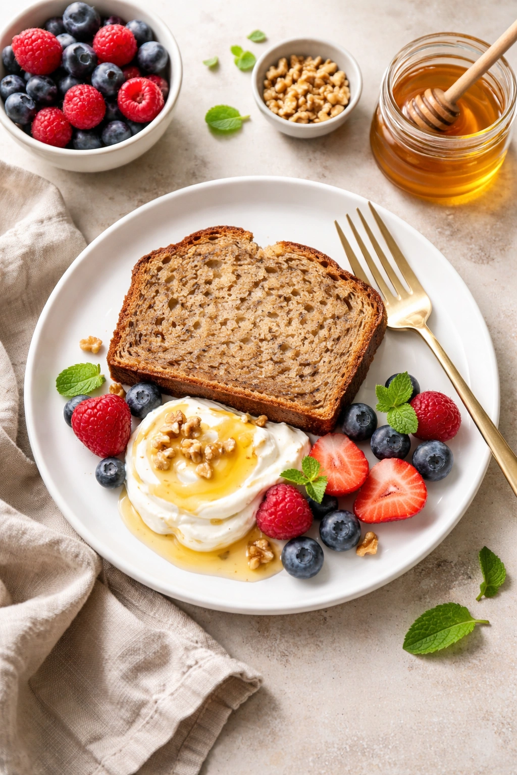 Banana bread slice plated with yogurt, honey drizzle, and berries for serving ideas