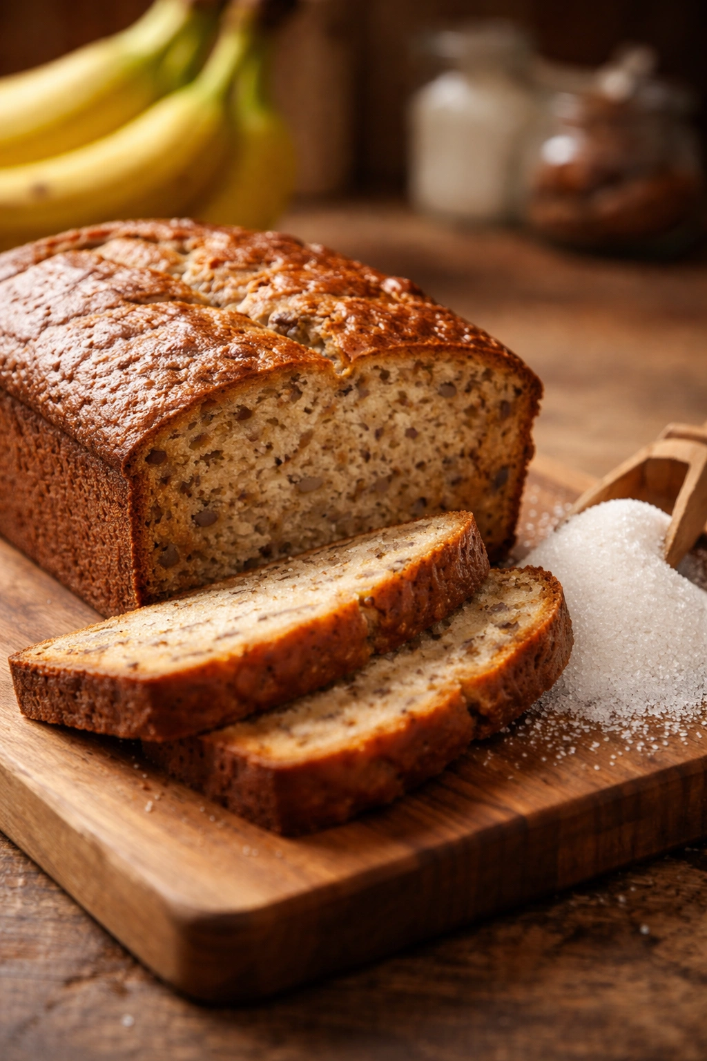 Close-up of a classic banana bread loaf with sugar beside it on a wooden board