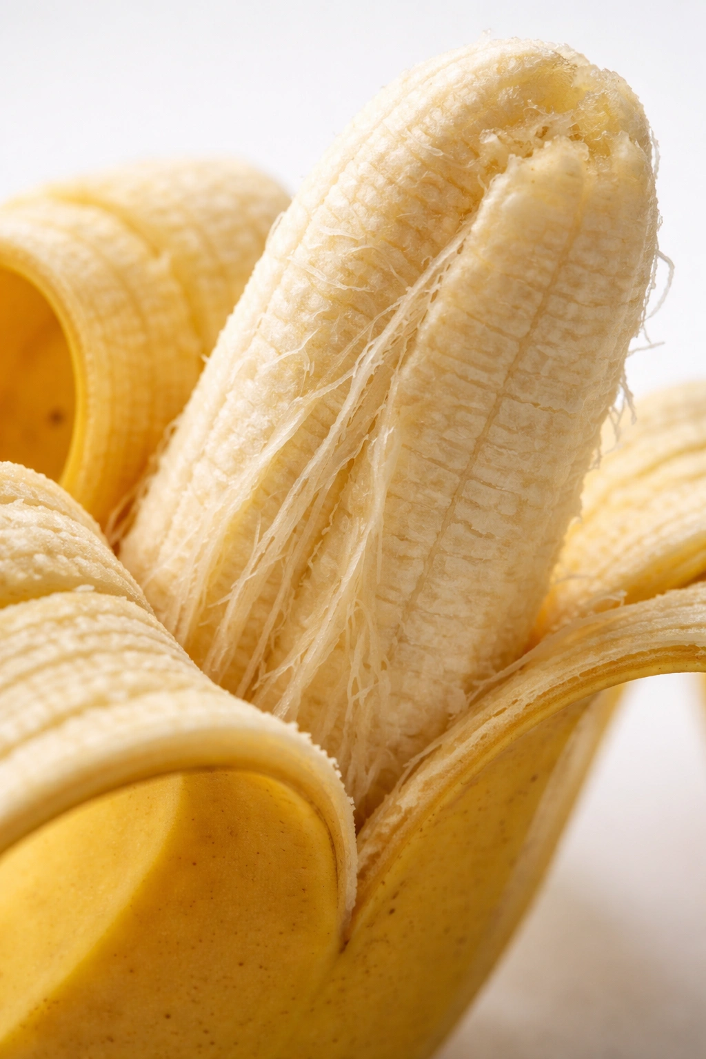 Close-up of peeled banana showing fibrous interior for dietary fiber