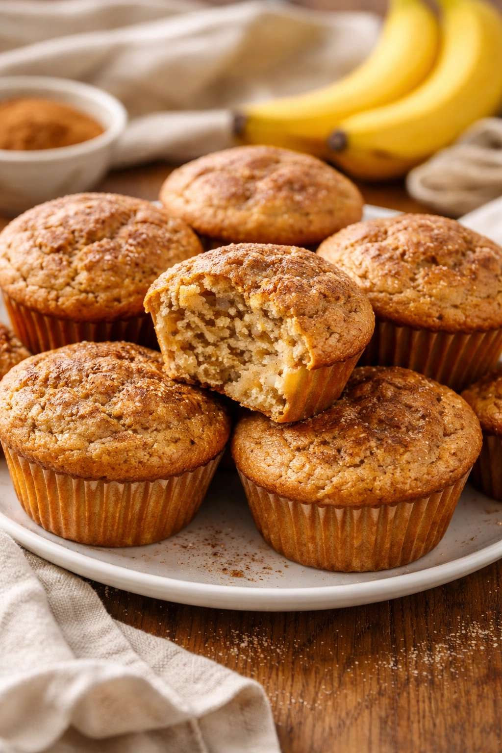 Close-up of banana cinnamon muffins with tender crumb on a plate