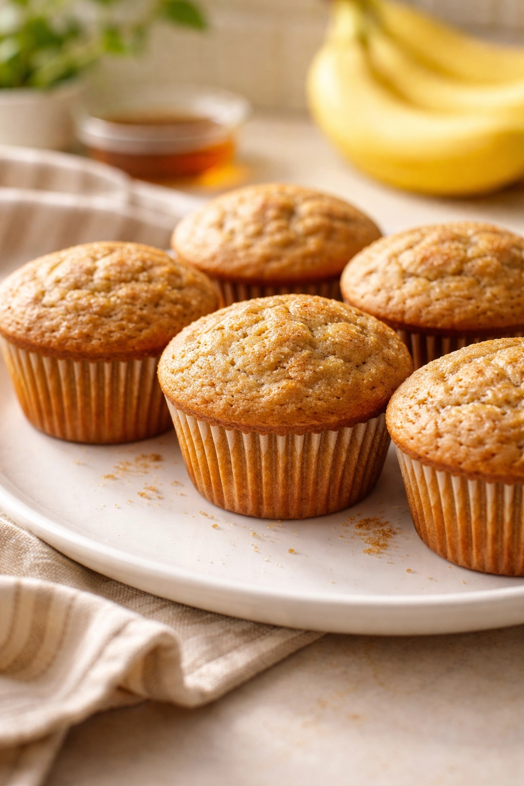 Close-up of golden banana muffins arranged on a plate