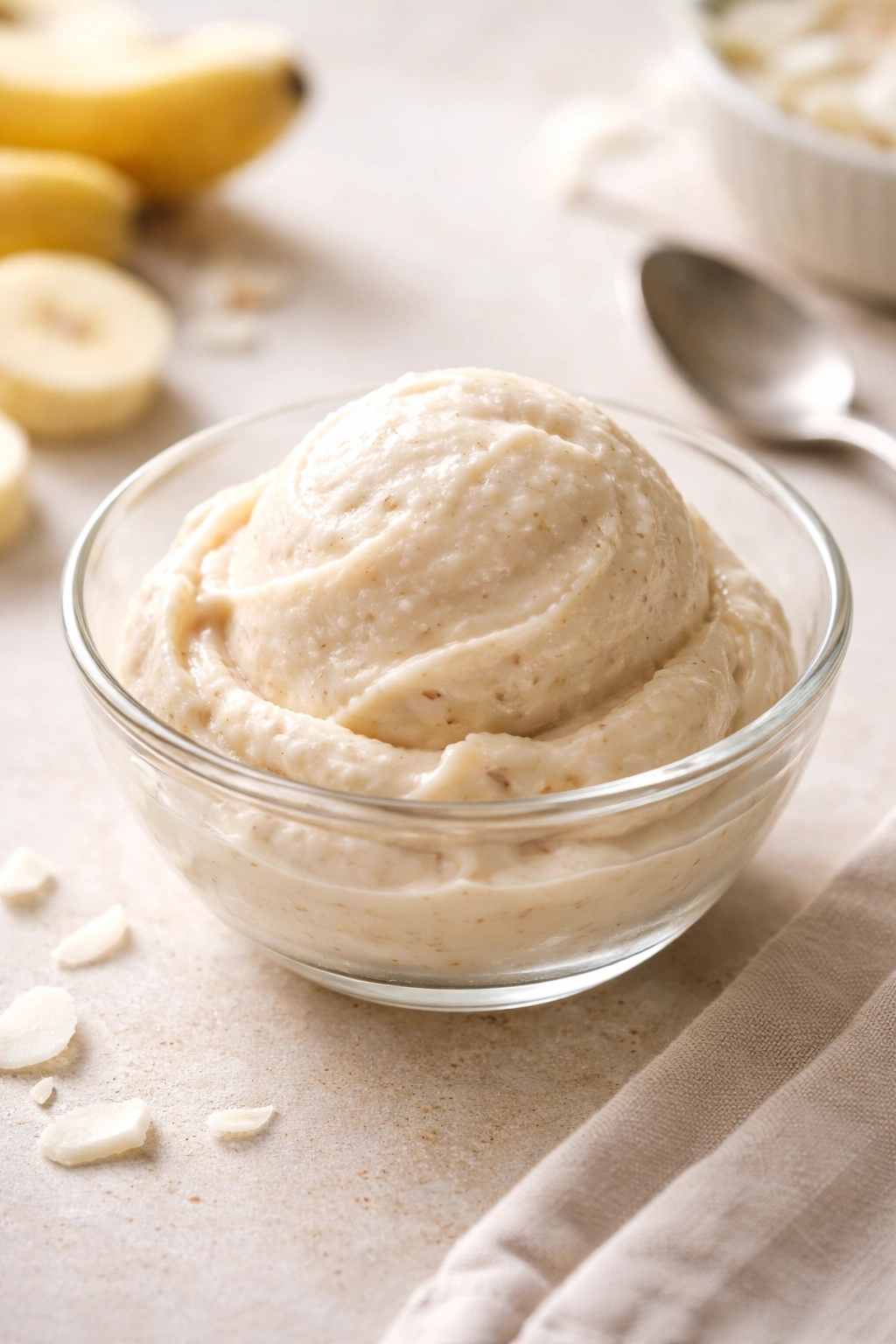 Close-up of a bowl of banana-based nice cream on a neutral surface