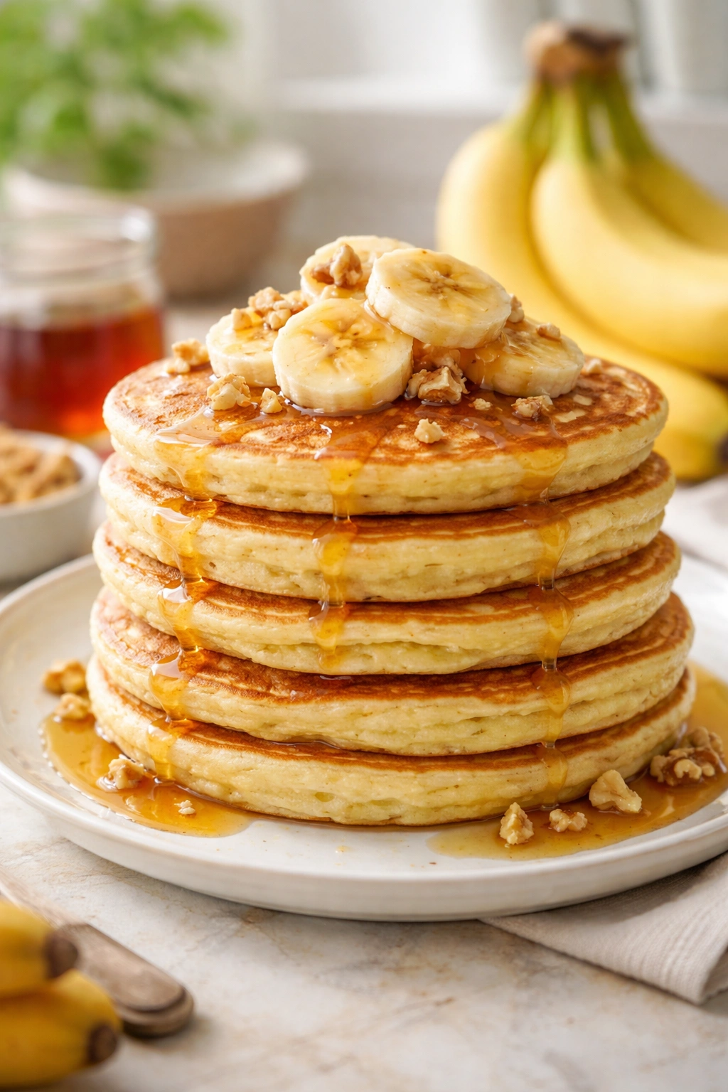 Stack of banana pancakes with warm golden tint