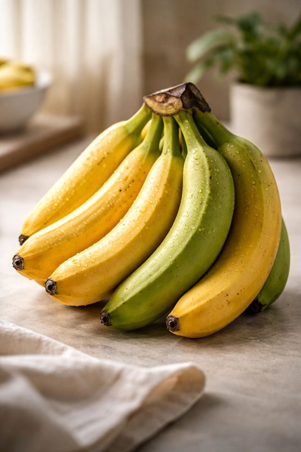 Banana bunch with varying ripeness on a neutral surface