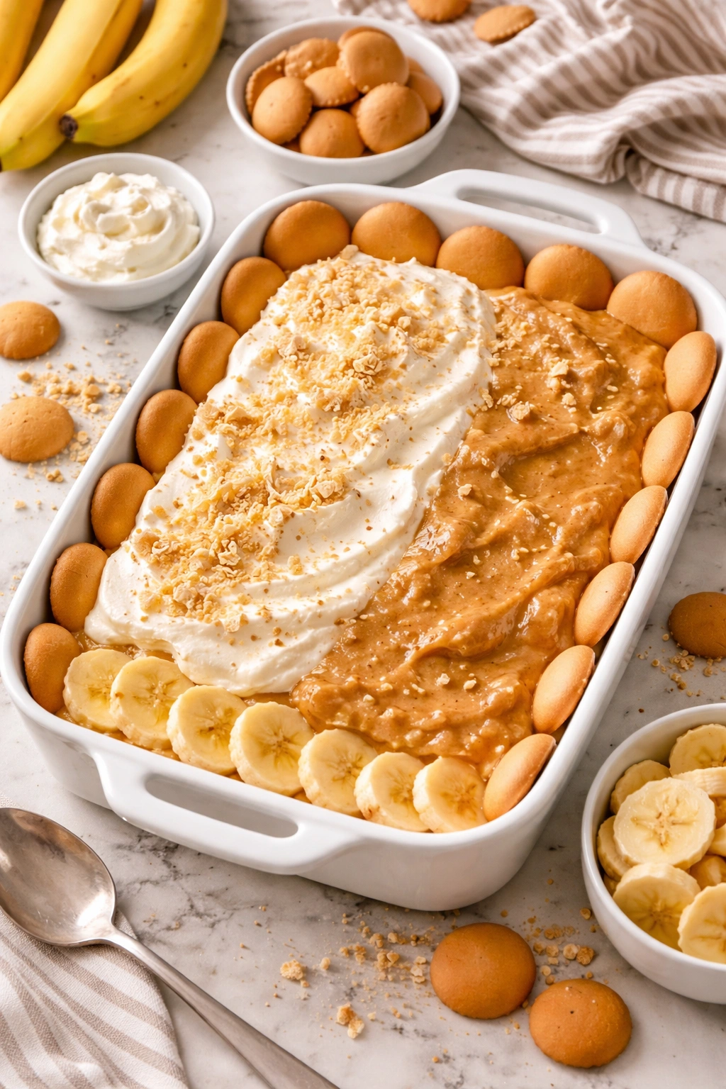 Banana pudding in a baking dish showing two textures in a bright kitchen