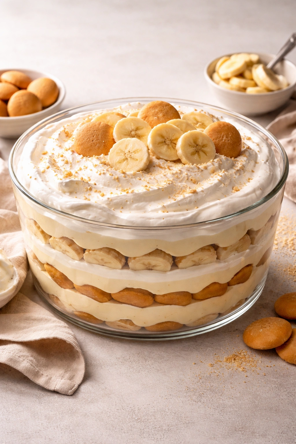 Layered banana pudding in a glass dish showing creamy layers and wafers.