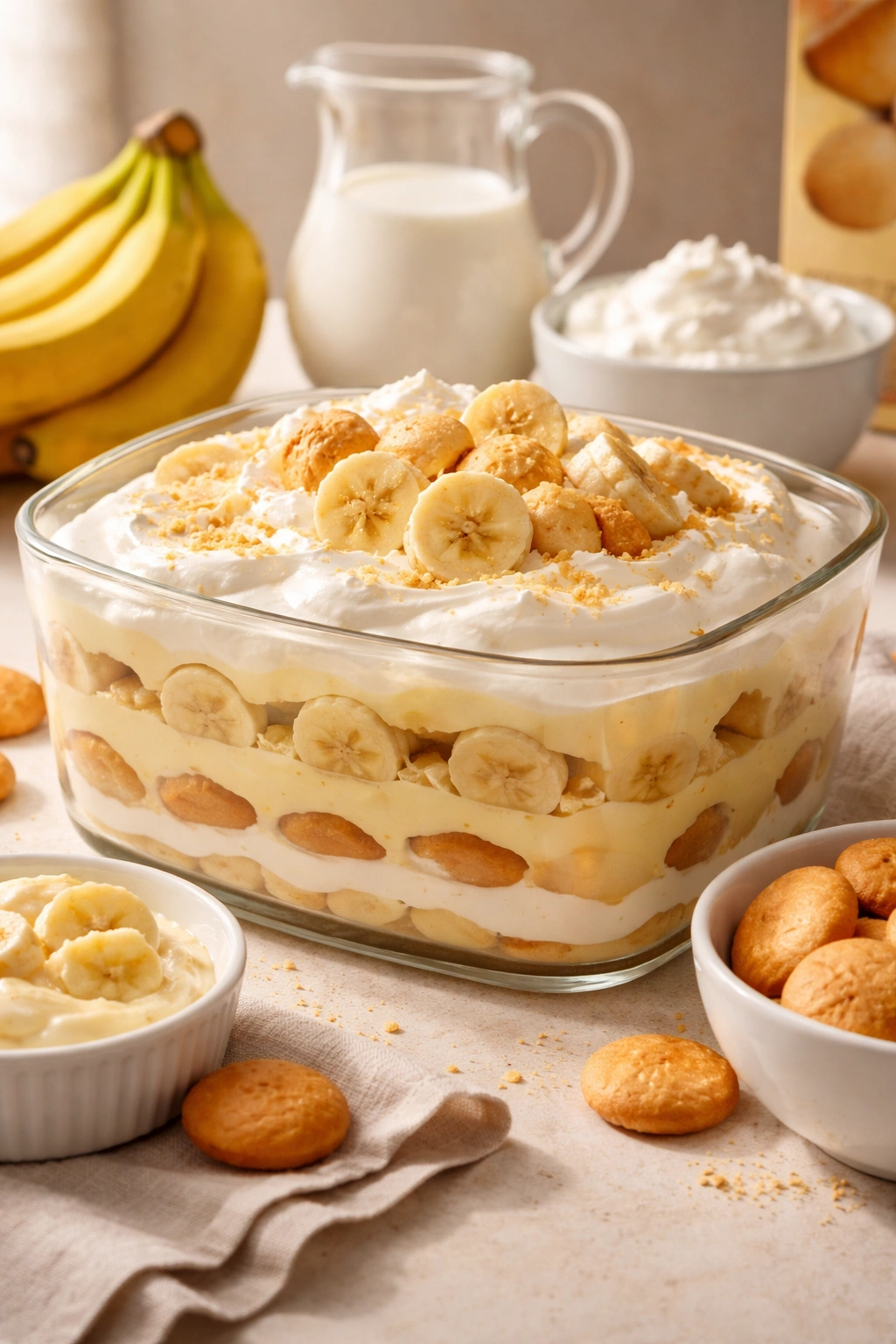 Finished banana pudding in a glass dish with visible layers.