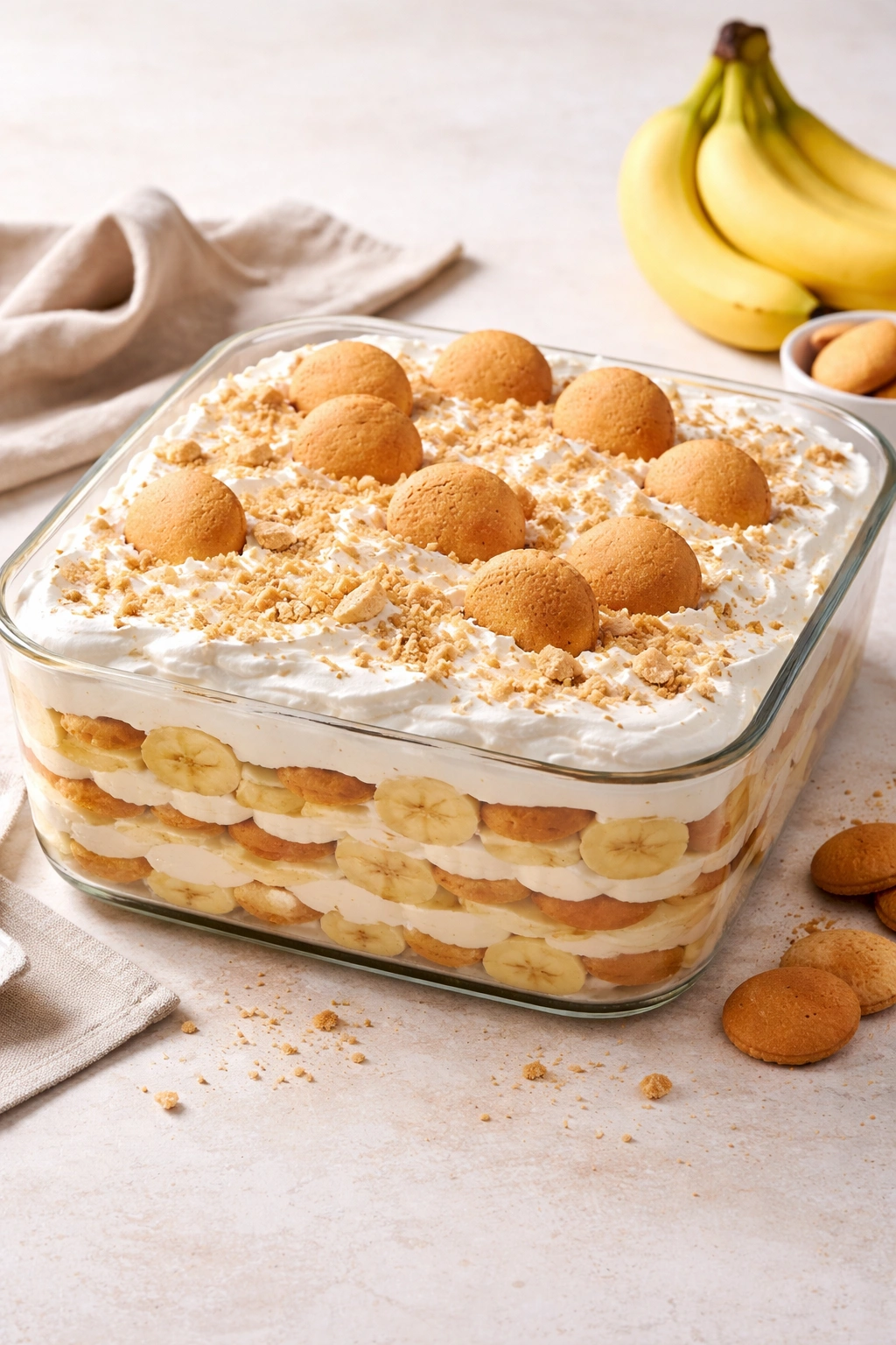 Banana pudding in a glass dish showing banana and wafer layers.