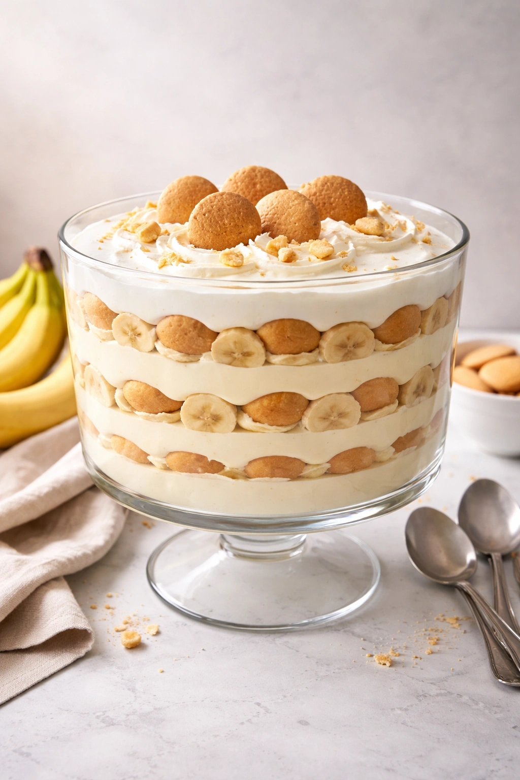 Close-up of layered banana pudding in a glass dish with banana slices and wafers.