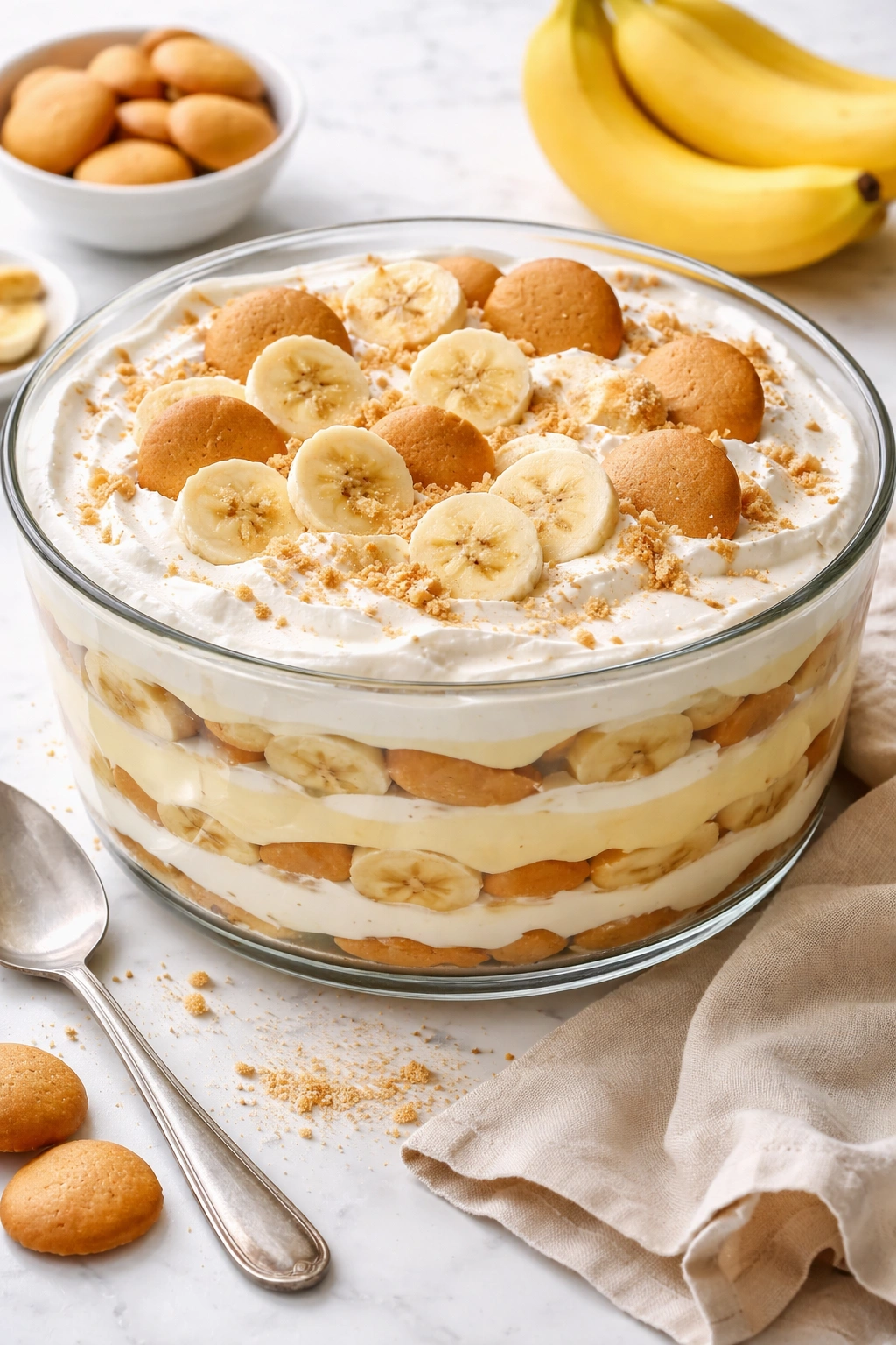 Banana pudding in a glass dish with visible layers highlighted.