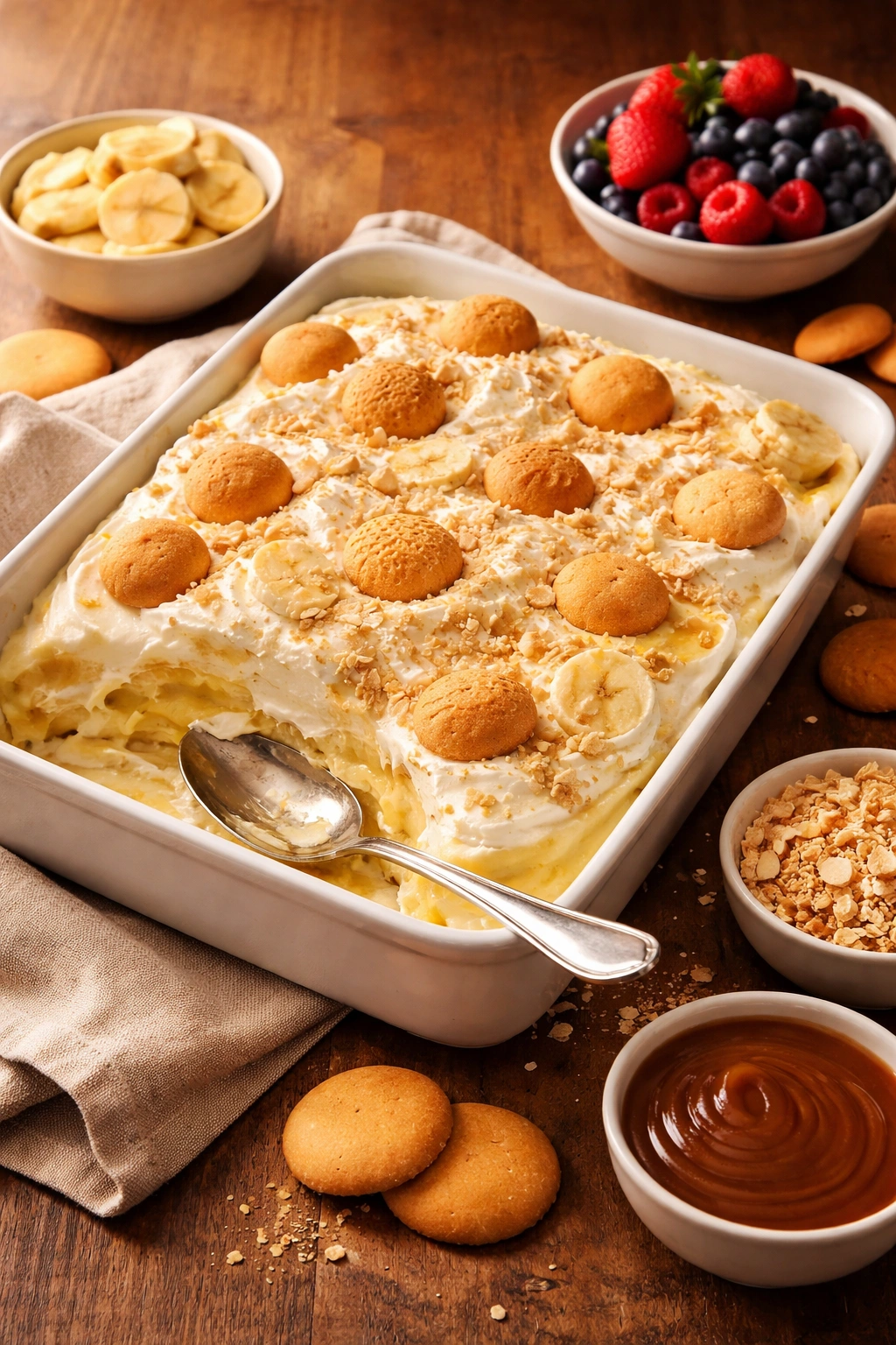 Banana pudding with serving spoon on a wooden table ready to be served