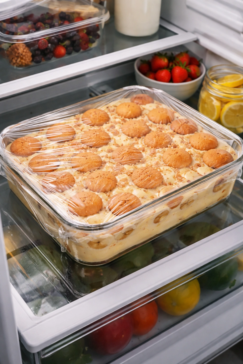 Banana pudding wrapped in plastic in a refrigerator for make ahead storage