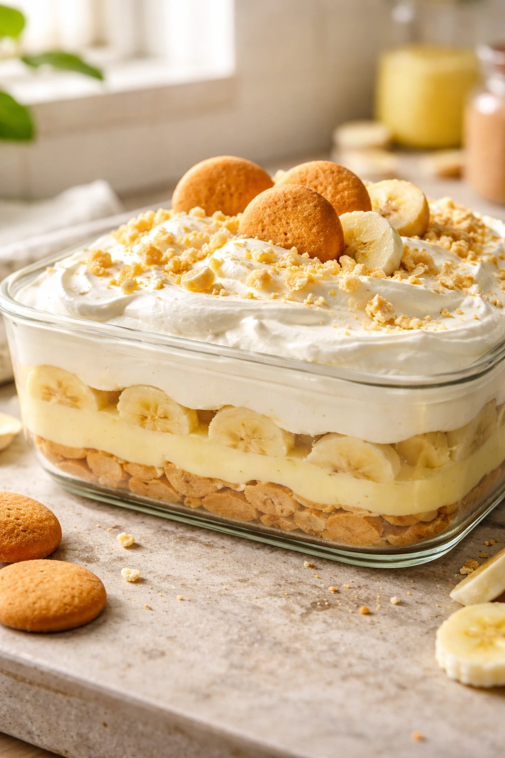 Close up of banana pudding with defined layers and whipped cream topping