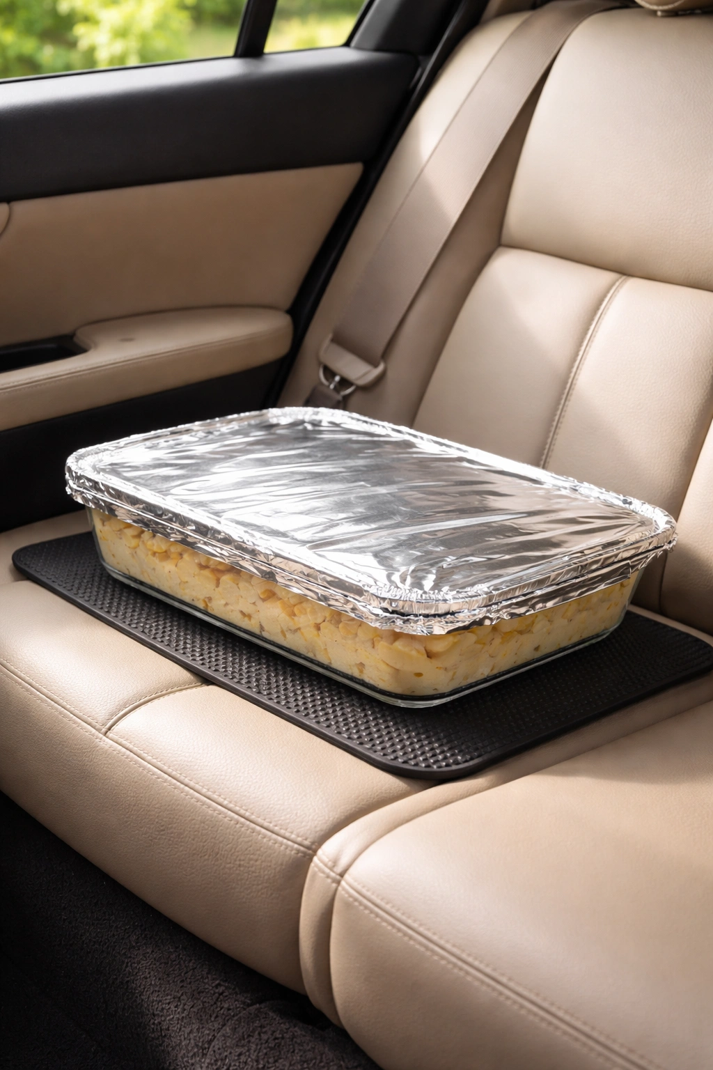 Banana pudding in a baking dish on a non-slip mat in a car back seat for transport