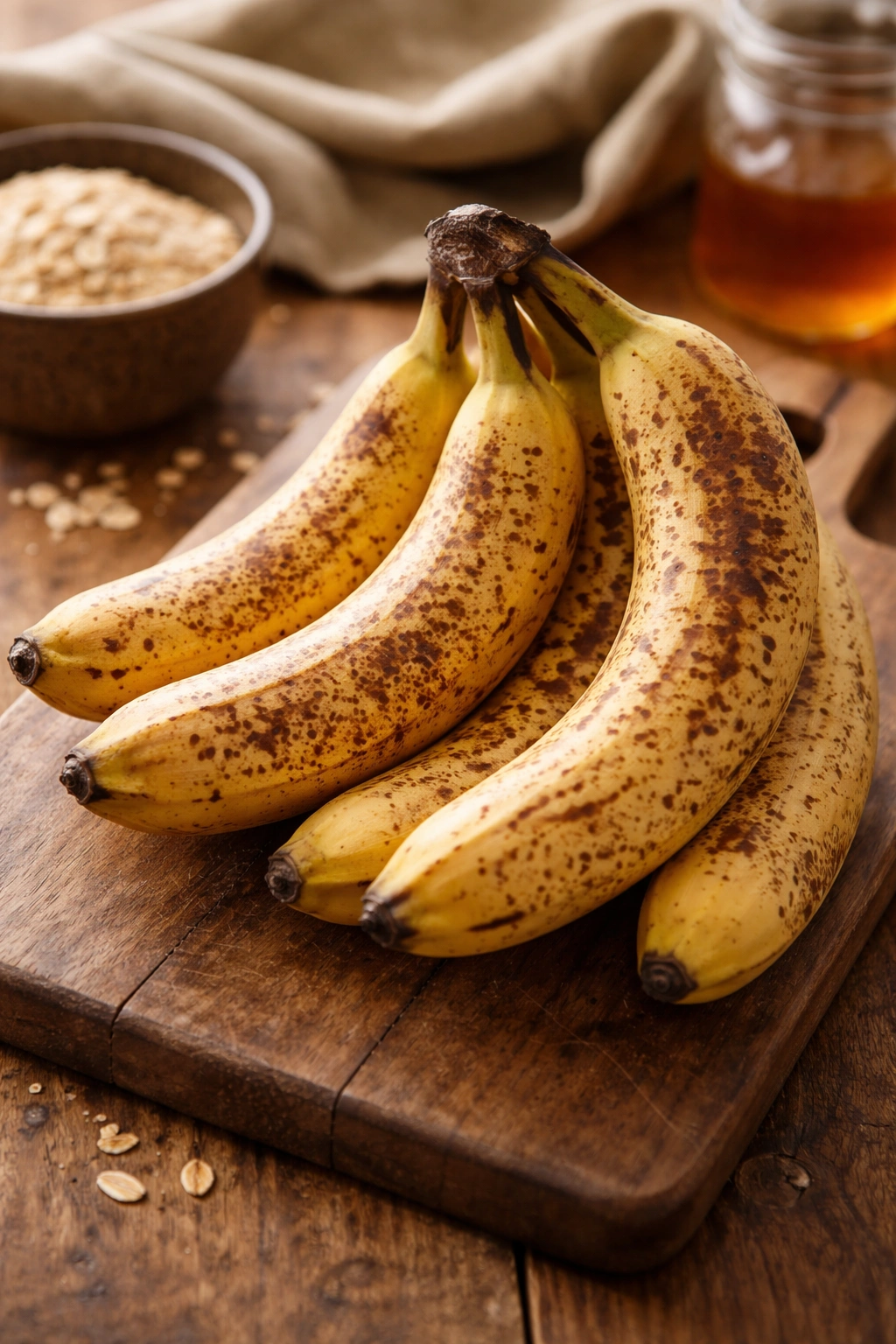 Ripe bananas with brown spots on a wooden board
