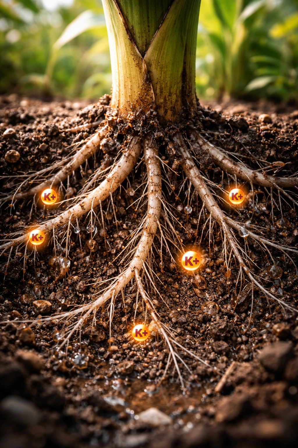 Banana plant roots absorbing potassium from mineral-rich soil