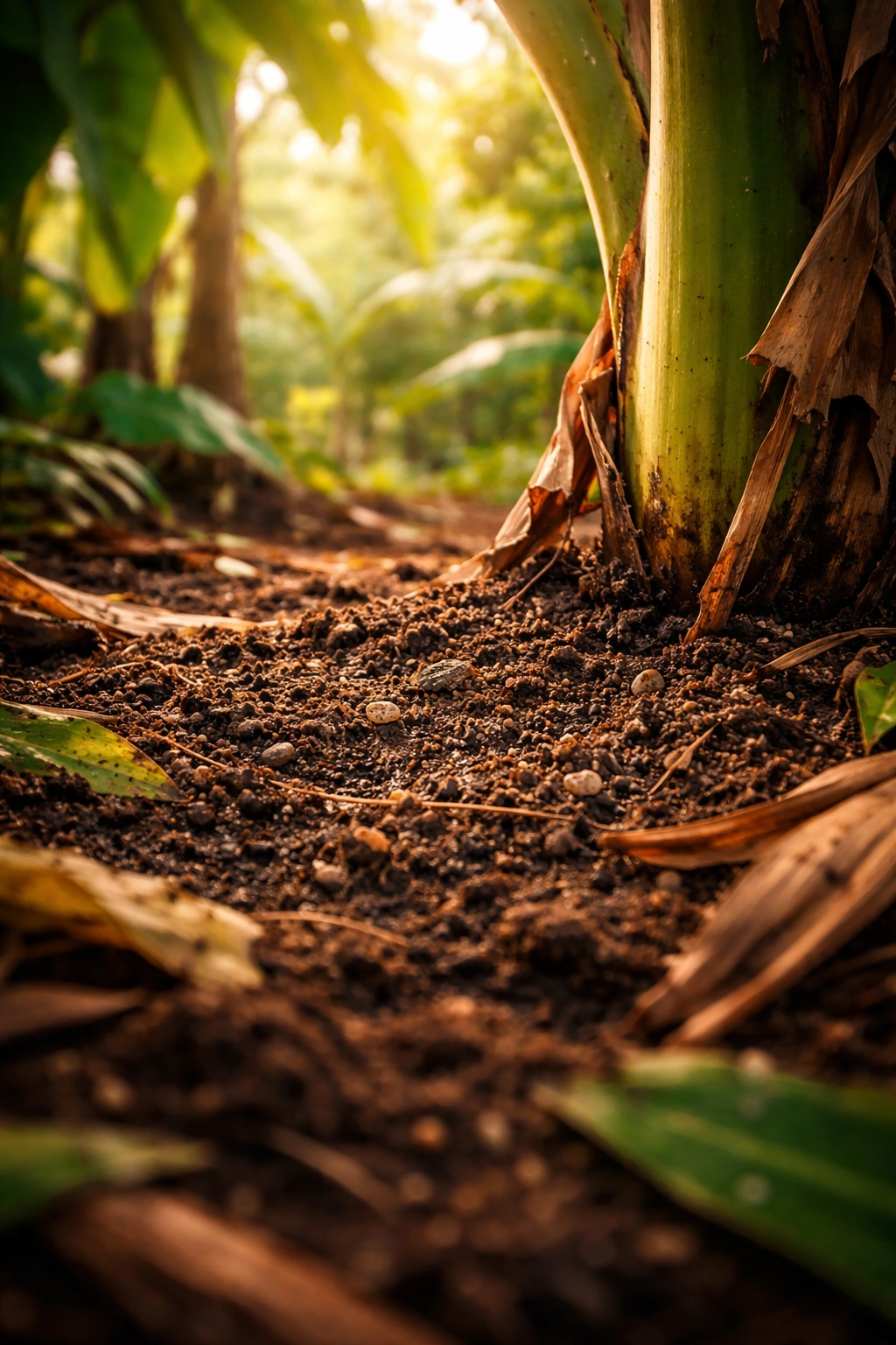 Close-up of fertile tropical soil around banana plant base rich in minerals
