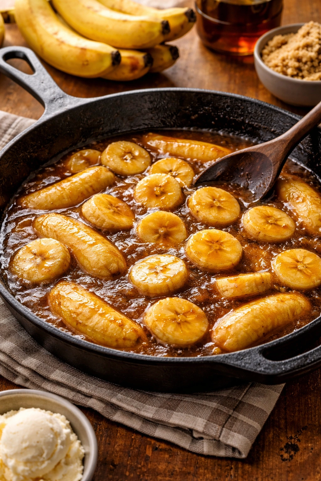 Close-up of Bananas Foster in a cast-iron skillet with caramel sauce.