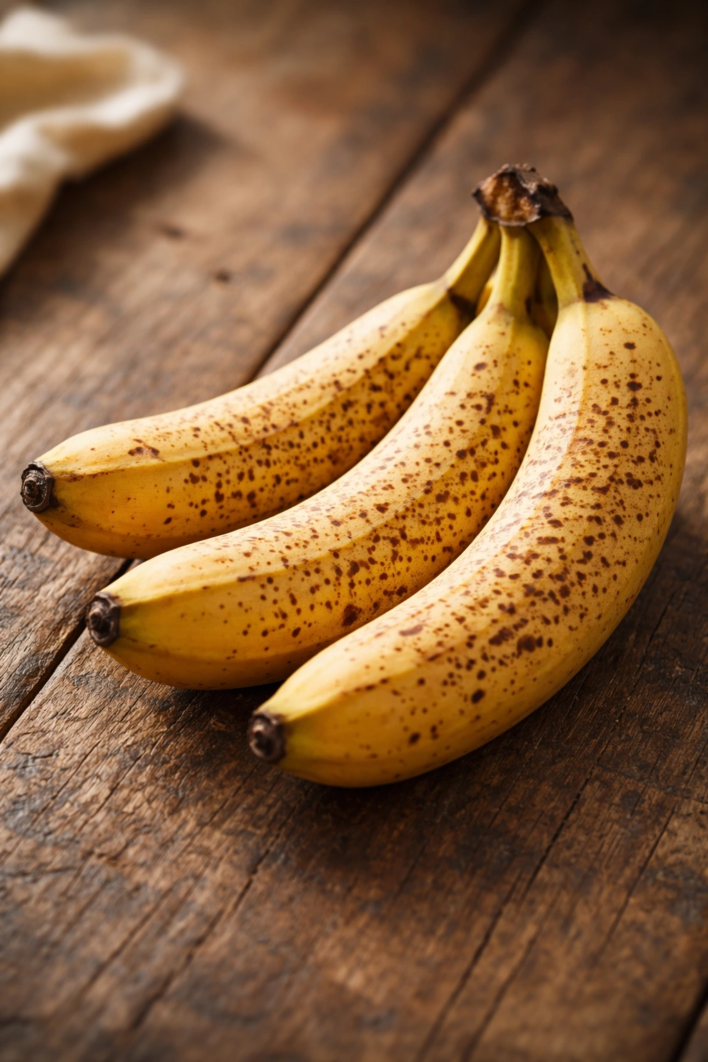 Three ripe bananas with brown freckles on wood