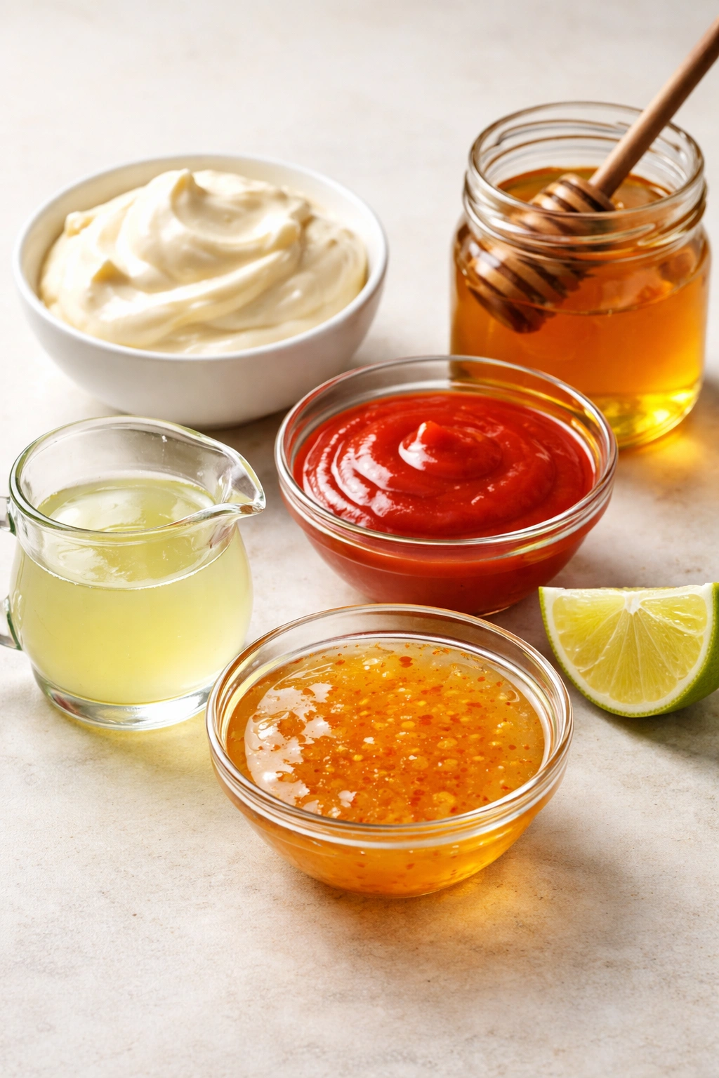 Bowls with mayo, sriracha, sweet chili, lime juice and honey