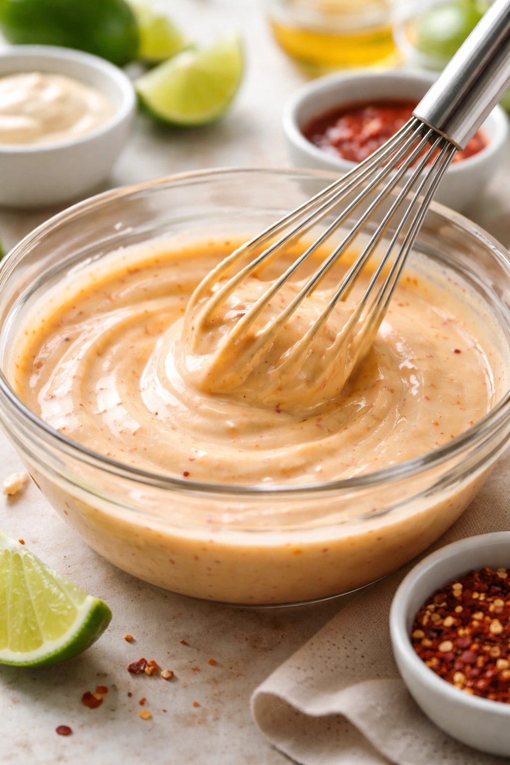Whisking creamy Bang Bang sauce in a bowl