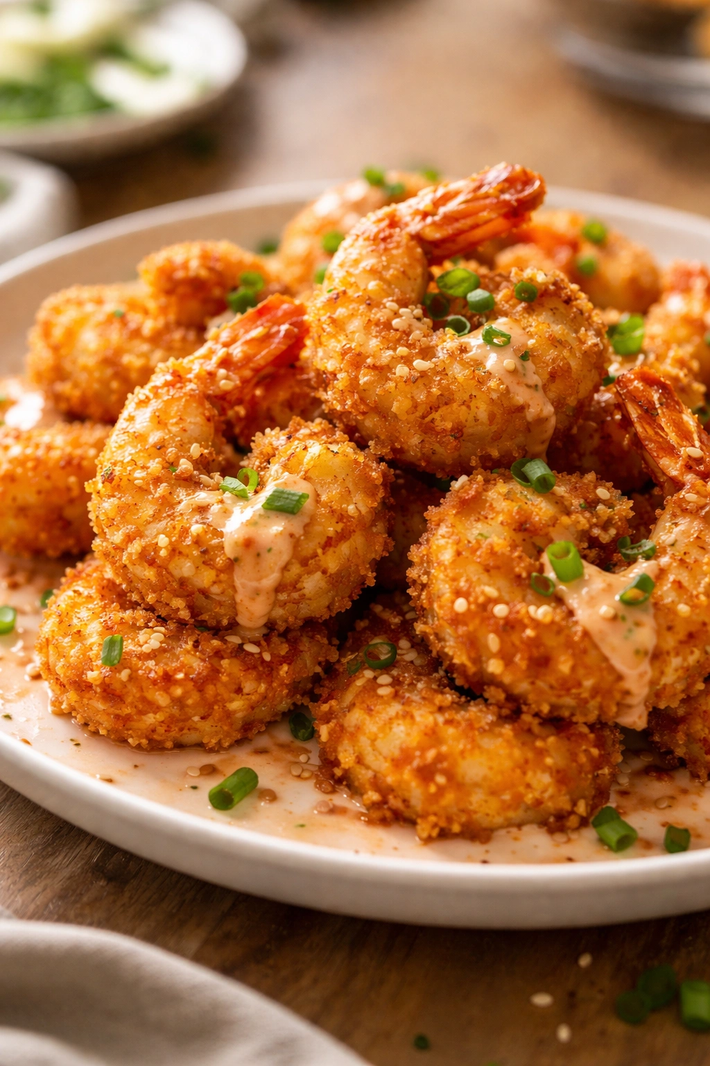 Close-up of crispy coconut shrimp with creamy sauce on plate