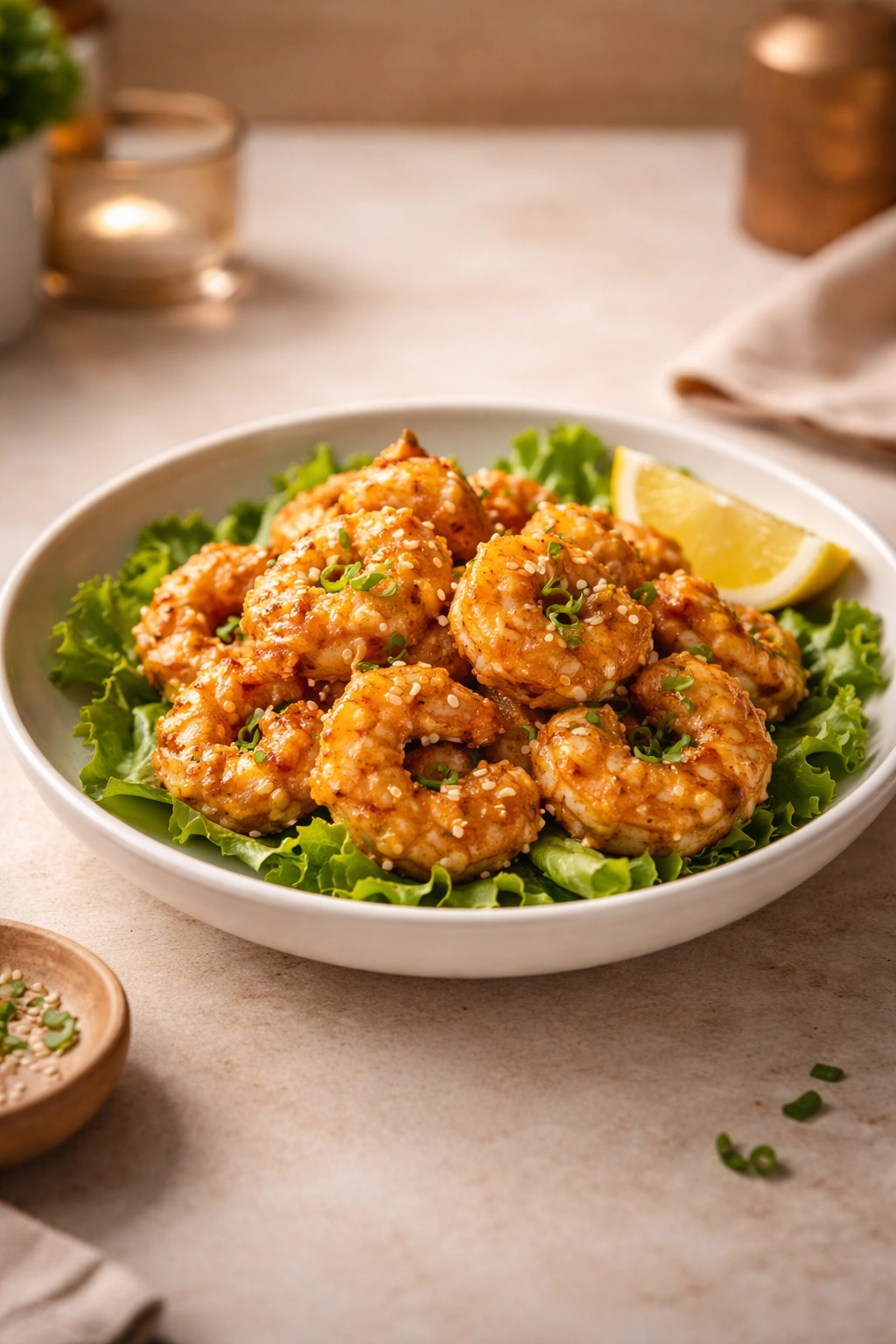 Single Bang Bang Shrimp plate on a clean surface with warm lighting