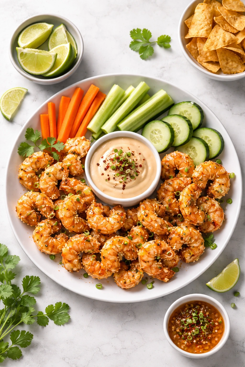 Bang Bang Shrimp platter with central dipping sauce on a white plate, focused on serving suggestions