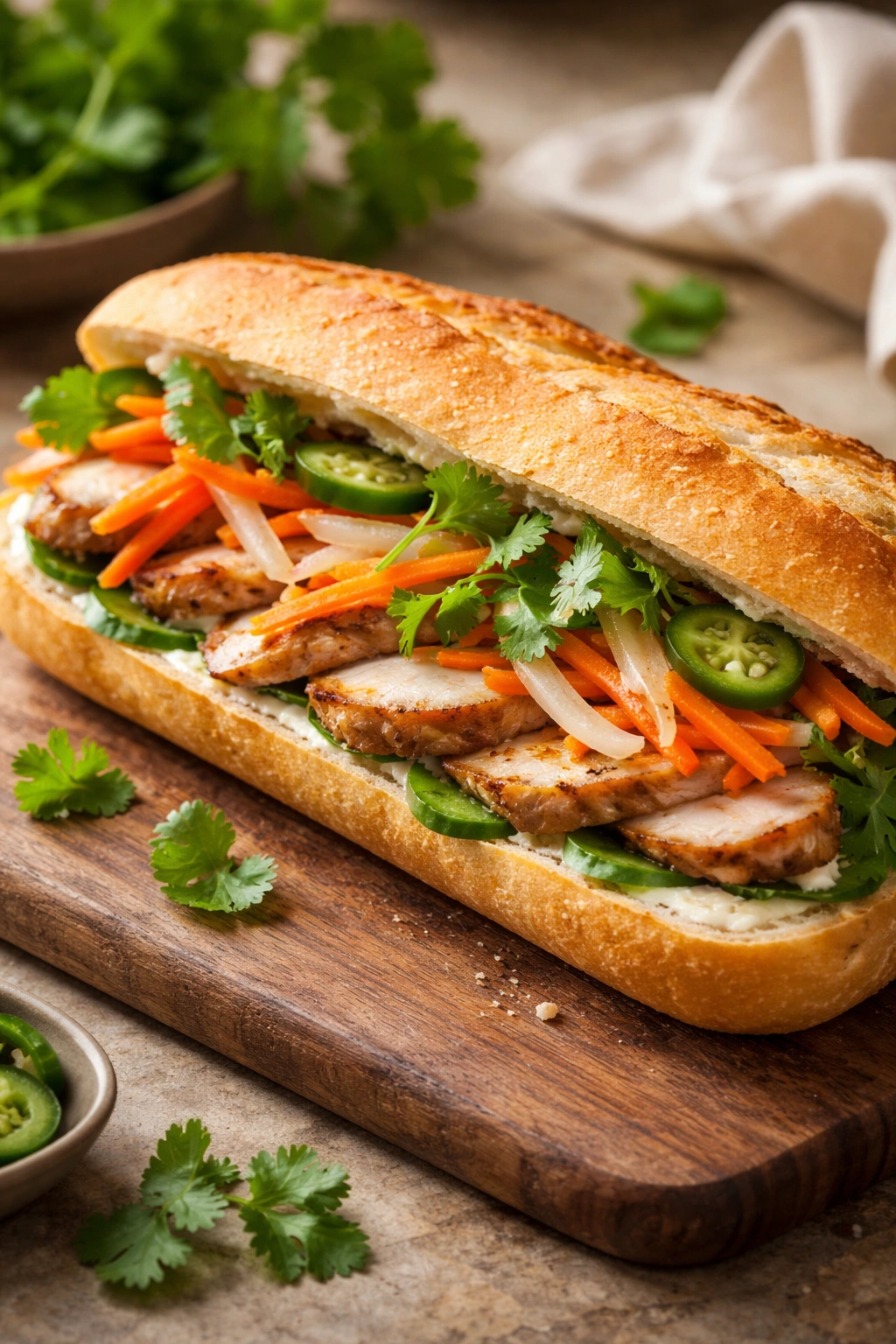 Cross-section of a lighter Vietnamese banh mi with chicken and pickled vegetables