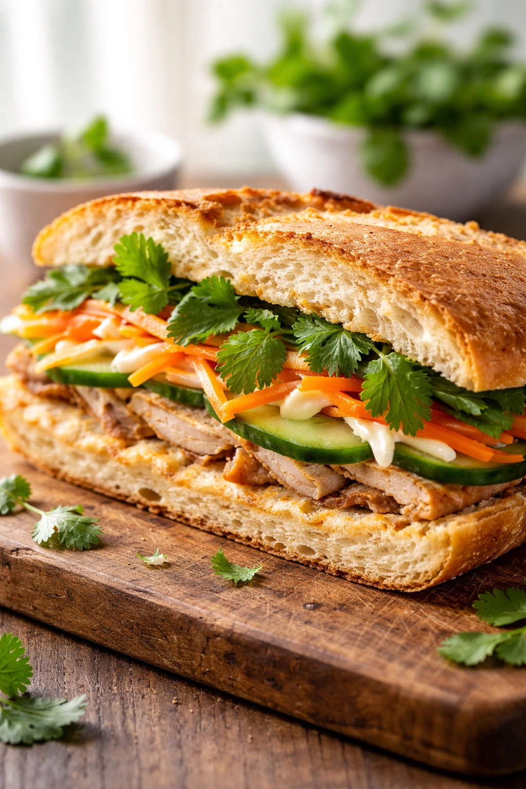 Cross-section of banh mi style sandwich with pickled vegetables on a wooden board