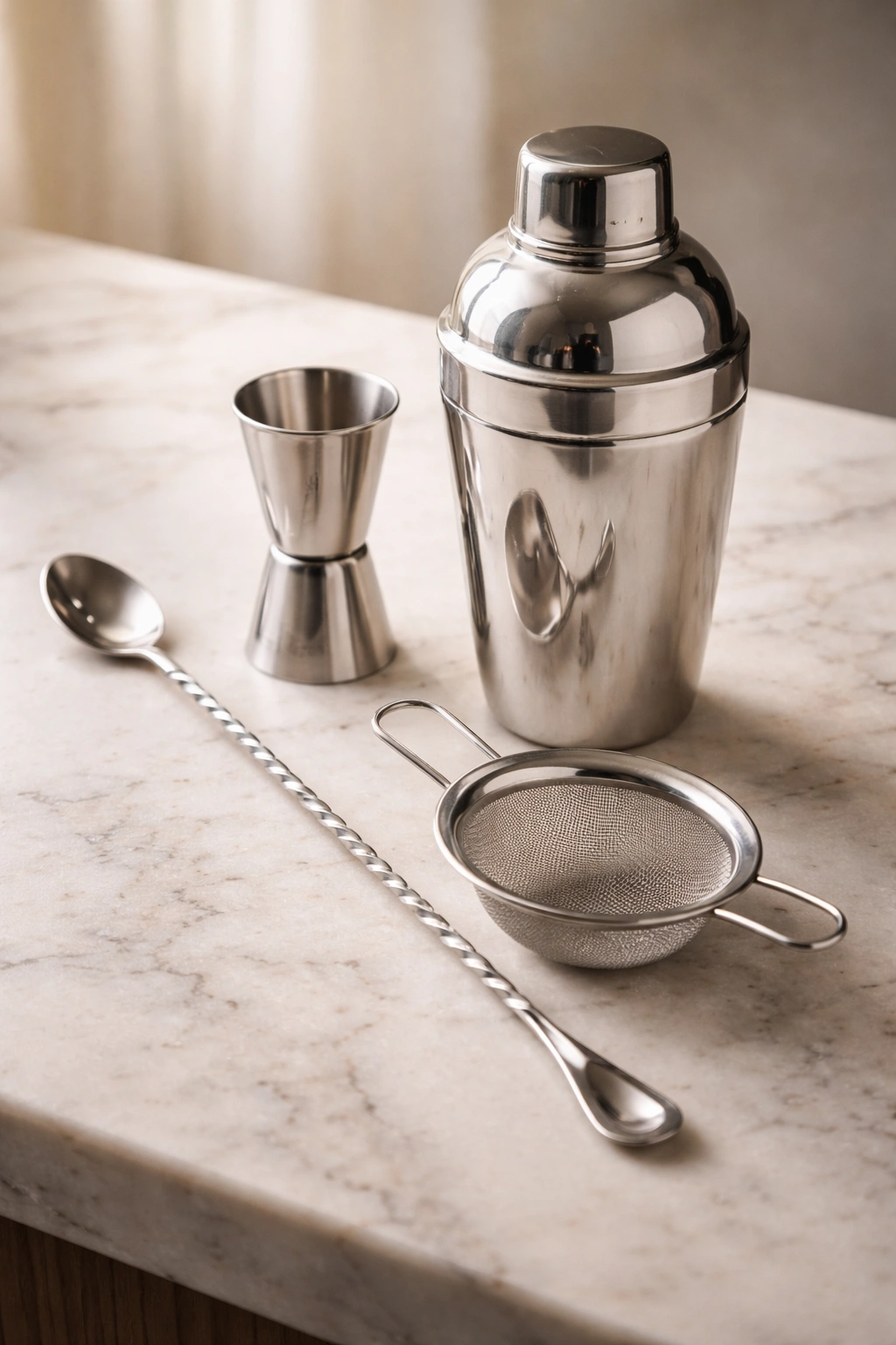Shaker, jigger, spoon, and strainer arranged on a clean surface
