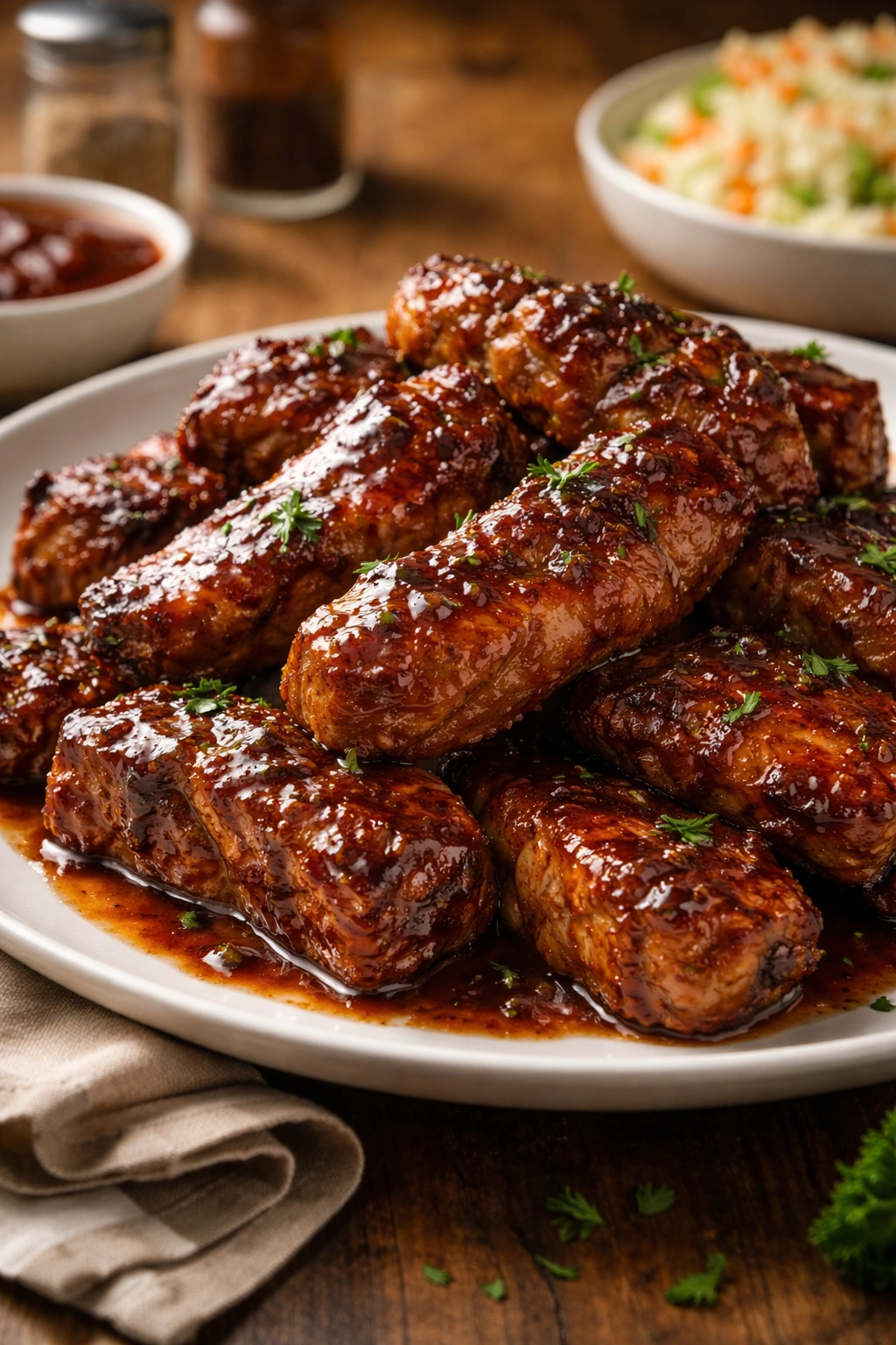 Glossy boneless BBQ ribs on plate with rich glaze