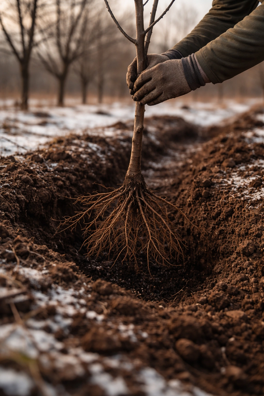 Bare-root apple sapling planted in a winter trench with exposed roots.