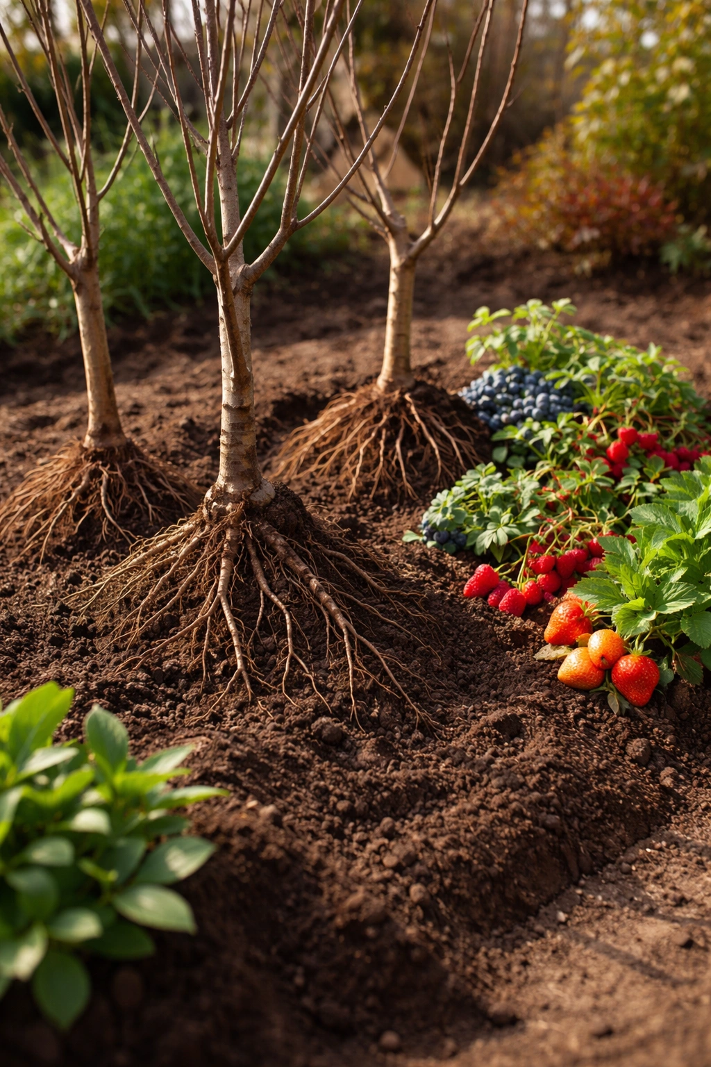 Bare-root fruit trees with exposed roots ready for January planting