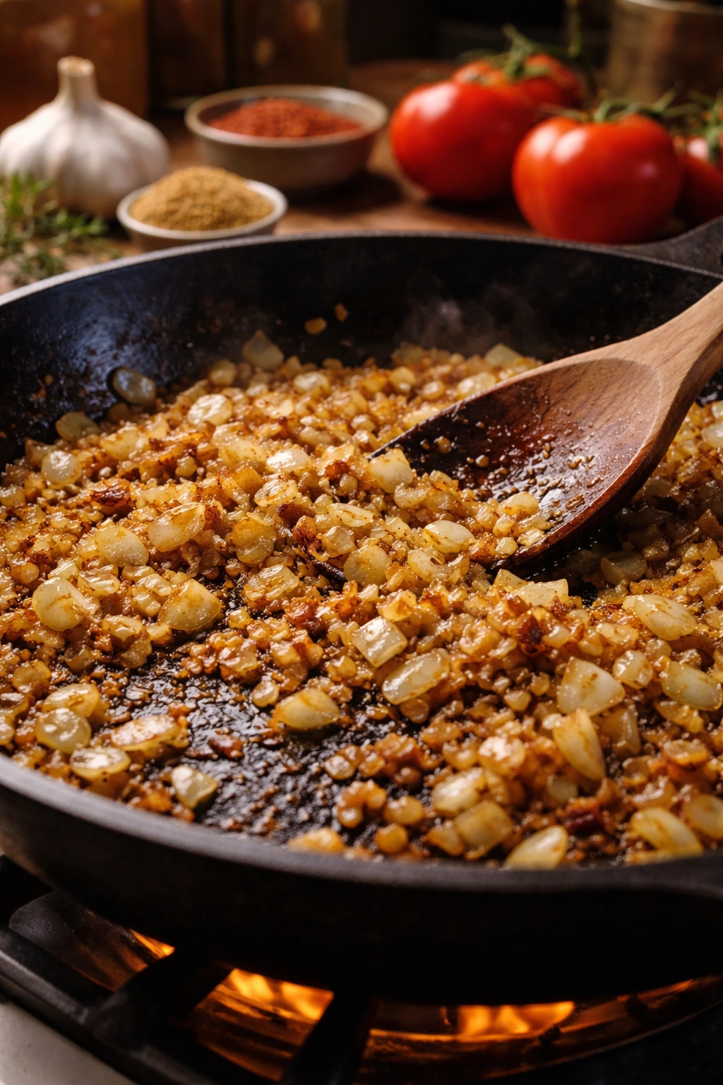 Close-up of onions and garlic browning in a skillet to form the base.