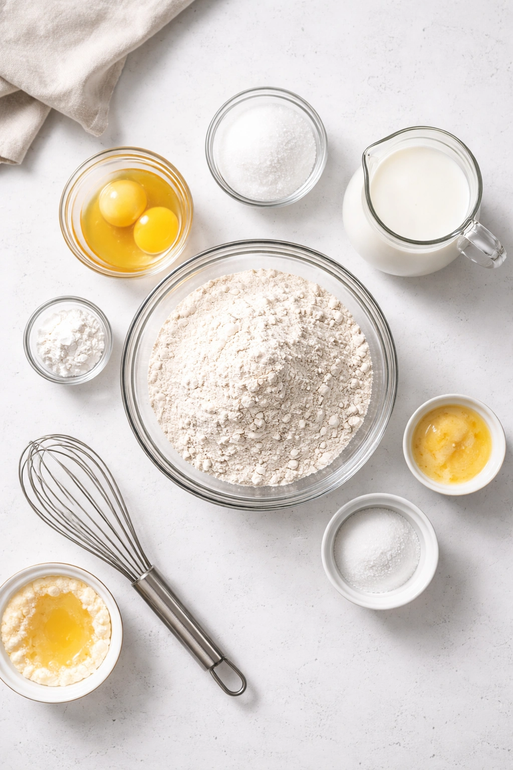 Bowls with base waffle batter ingredients