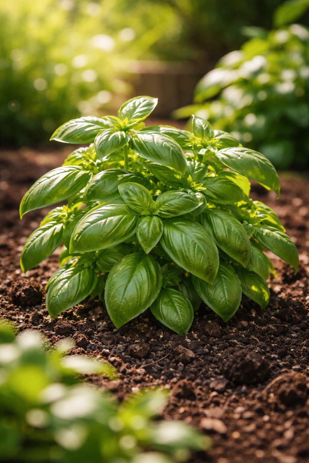 Genovese basil plant in sunlit garden bed
