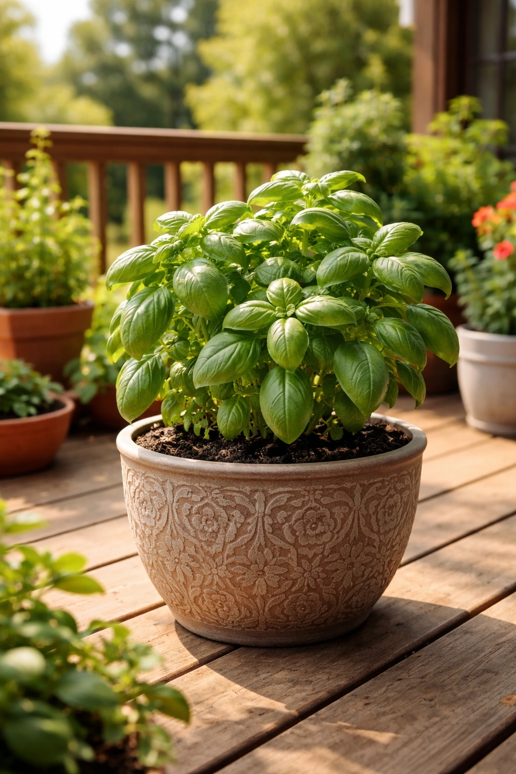 Basil in a portable container on a sunny patio