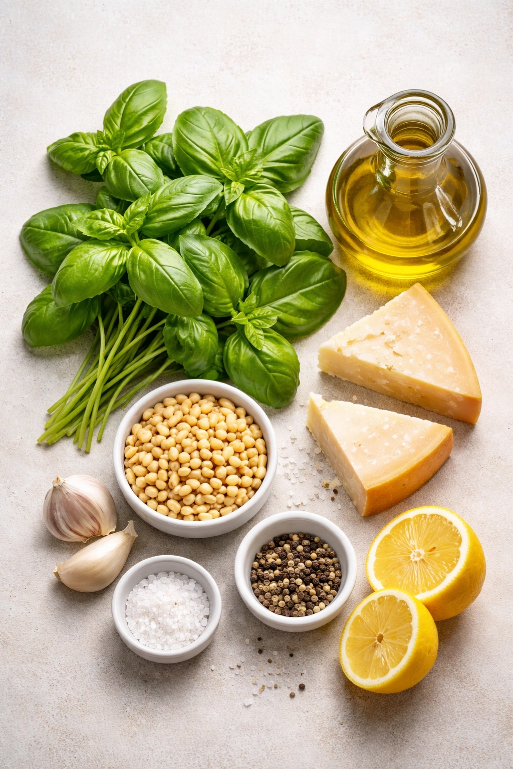 Basil leaves garlic clove and pine nuts arranged on neutral background